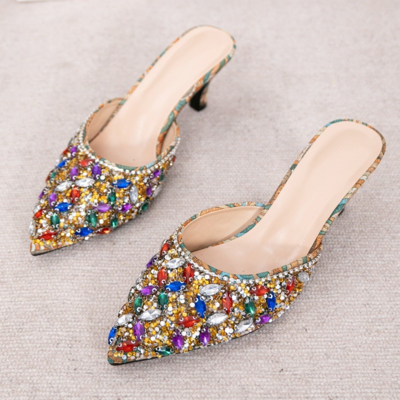 Women Shoes Mules - Luxury Rhinestone Kitten Heel Slippers Women