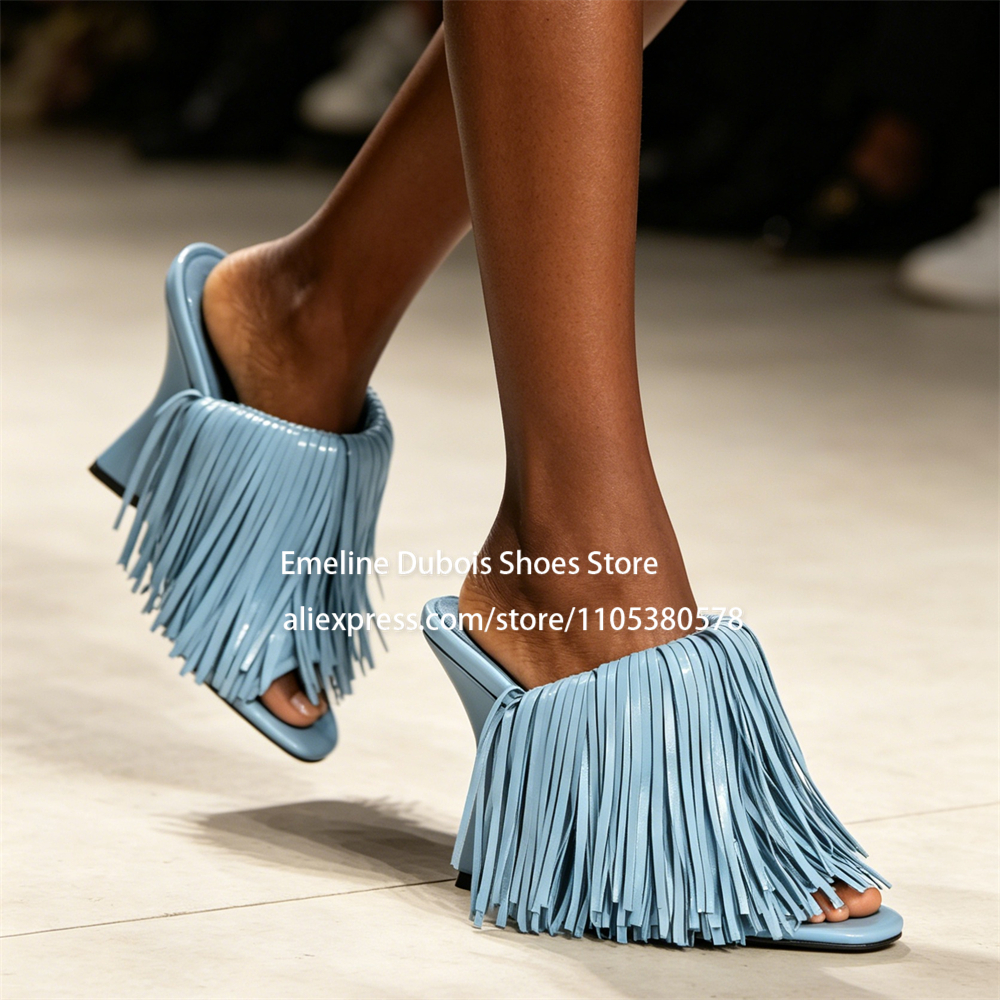 Women Shoes Mules - Blue Patent Leather Fringe Wedge Heel
