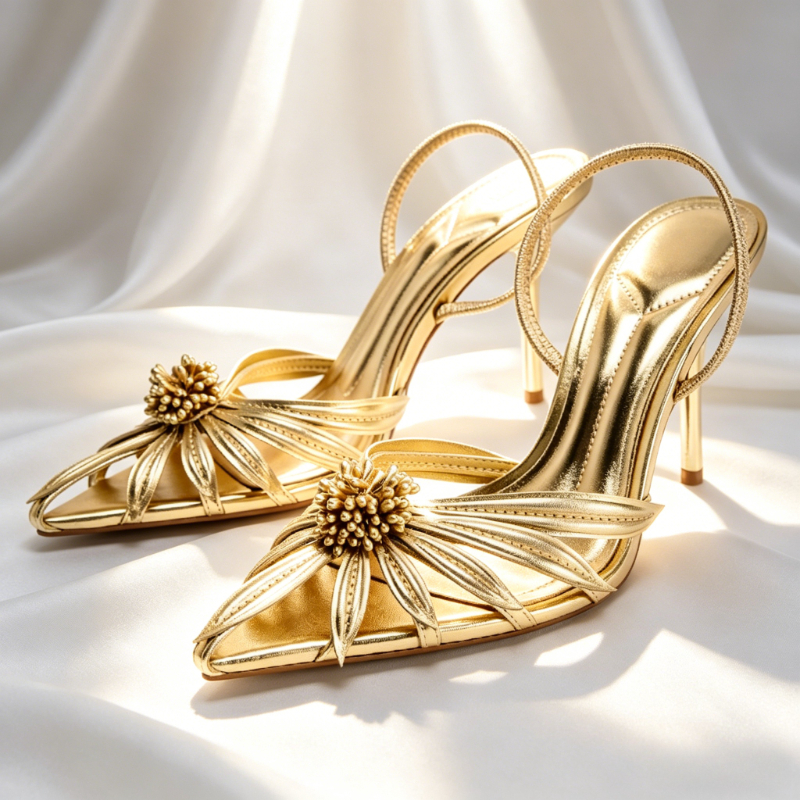 Women Shoes Size Chart - Luxury Gold Floral Detail Slingback Heels