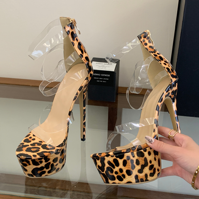 Clear Strap Heel - Sexy Leopard Print Clear PVC Glass
