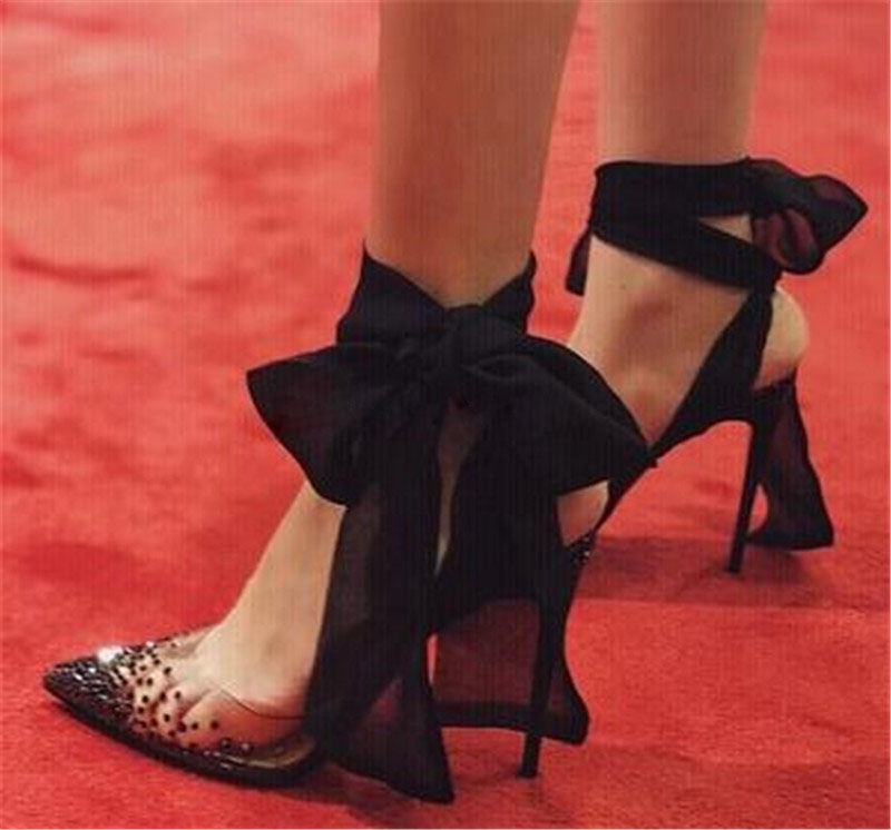 Red White Black Mesh Ribbon La - đánh giá và giá Clear Strap Heel